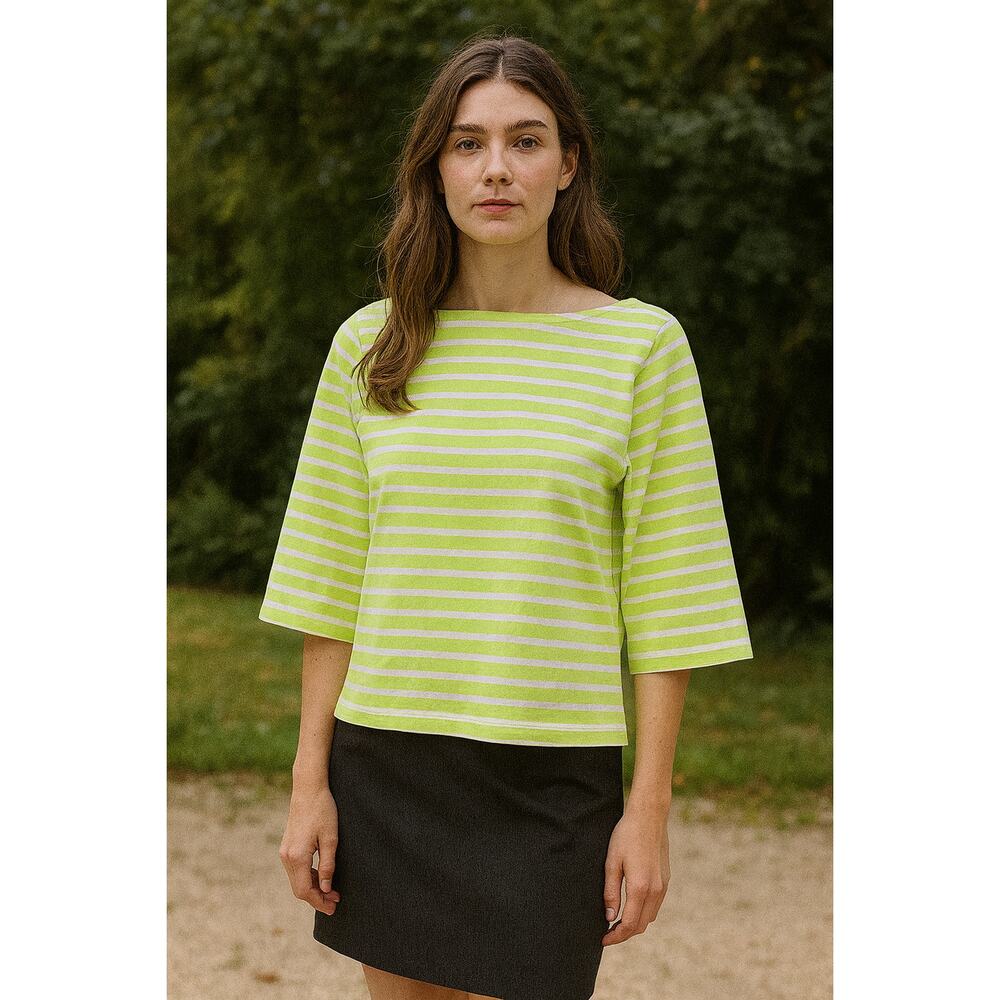 Saint James Breton Marinière‎ Stripe Top Lime Green White, 3/4 Wide Sleeves US12